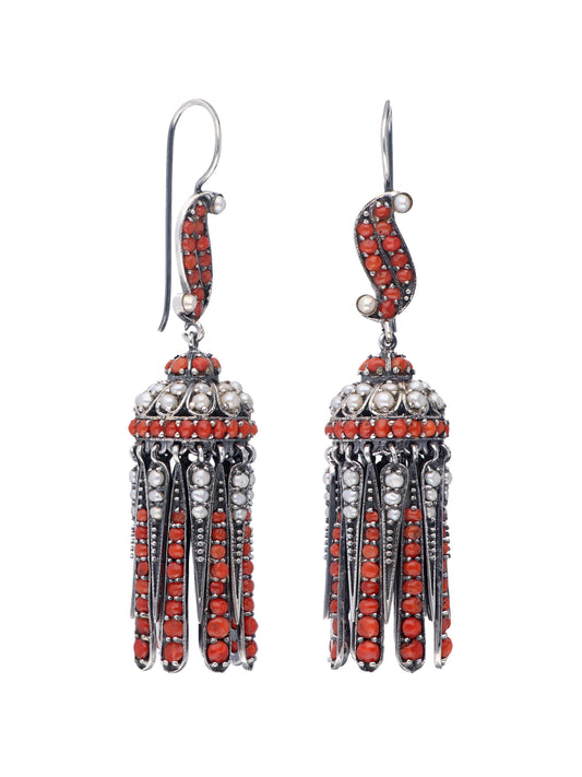 Coral and Pearl Studded Jhumka Earrings