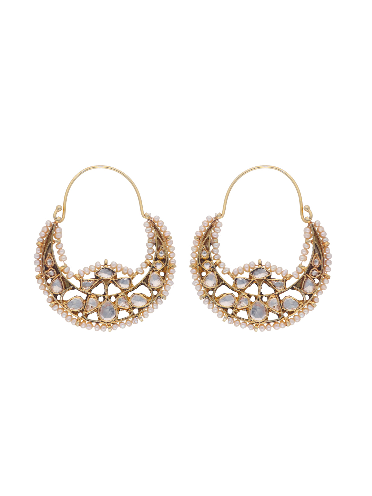 Gold-Plated Kundan and Pearl Crescent Hoops