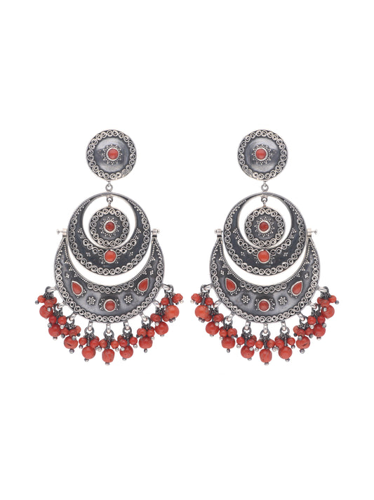 Oxidized Silver and Coral Beaded Hoop Earrings