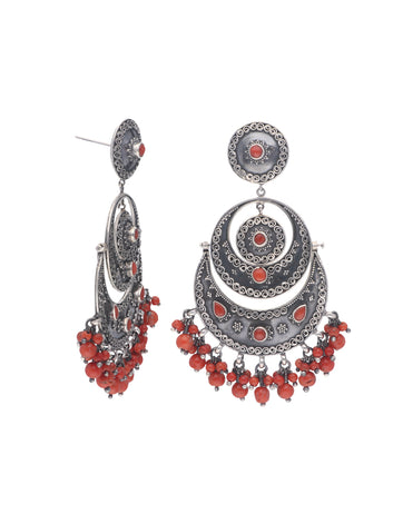 Oxidized Silver and Coral Beaded Hoop Earrings