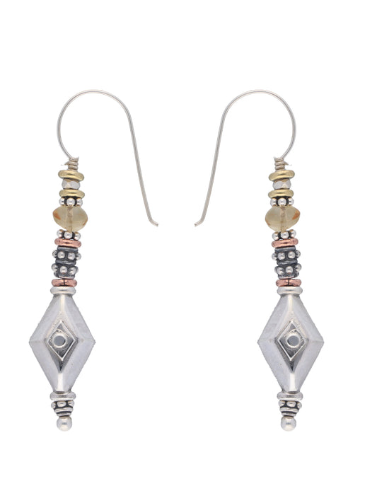 Geometric Silver Drop Earrings with Intricate Bead Accents