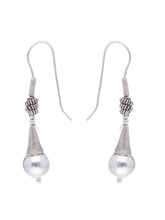 Geometric Silver Drop Earrings with Intricate Bead Accents