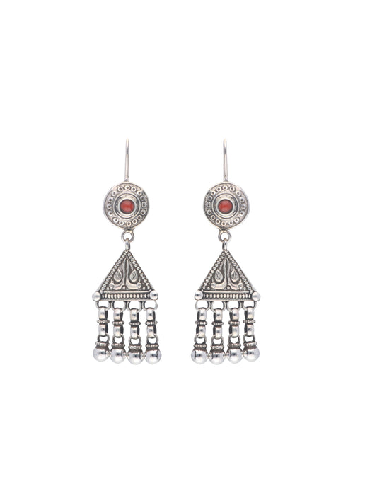 Ethnic Silver Dangle Earrings with Triangle Motif and Red Accent Stone