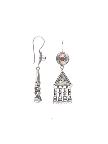 Ethnic Silver Dangle Earrings with Triangle Motif and Red Accent Stone