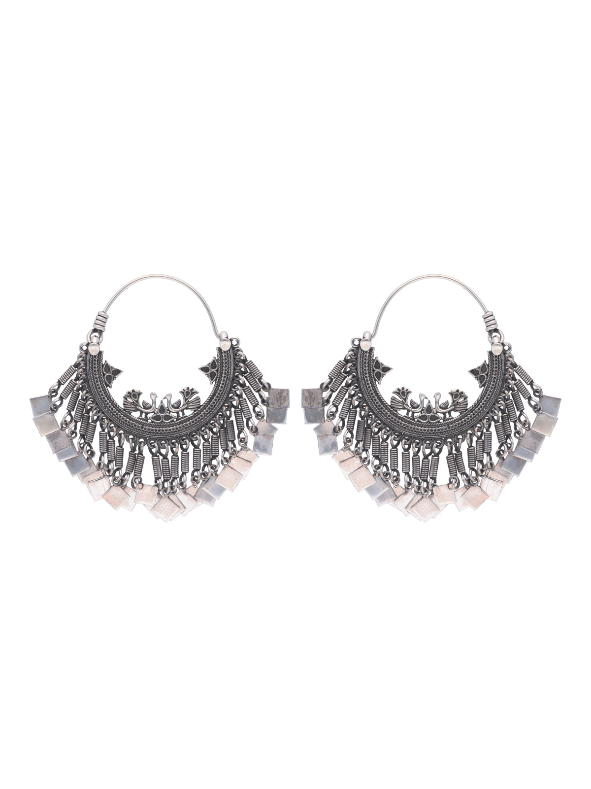 Antique-Inspired Oxidized Silver Hoop Earrings with Dangling Geometric Charms