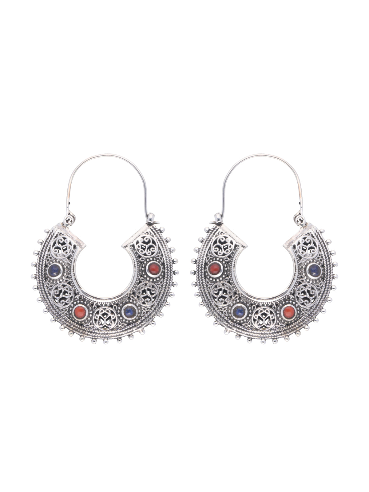 Antique-Style Crescent Hoop Earrings with Ornate Filigree and Gemstone Detailing