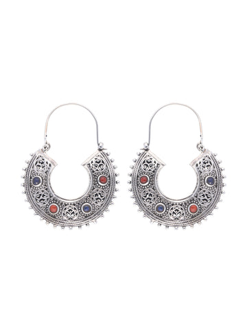 Antique-Style Crescent Hoop Earrings with Ornate Filigree and Gemstone Detailing