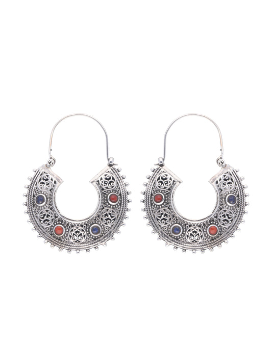 Antique-Style Crescent Hoop Earrings with Ornate Filigree and Gemstone Detailing