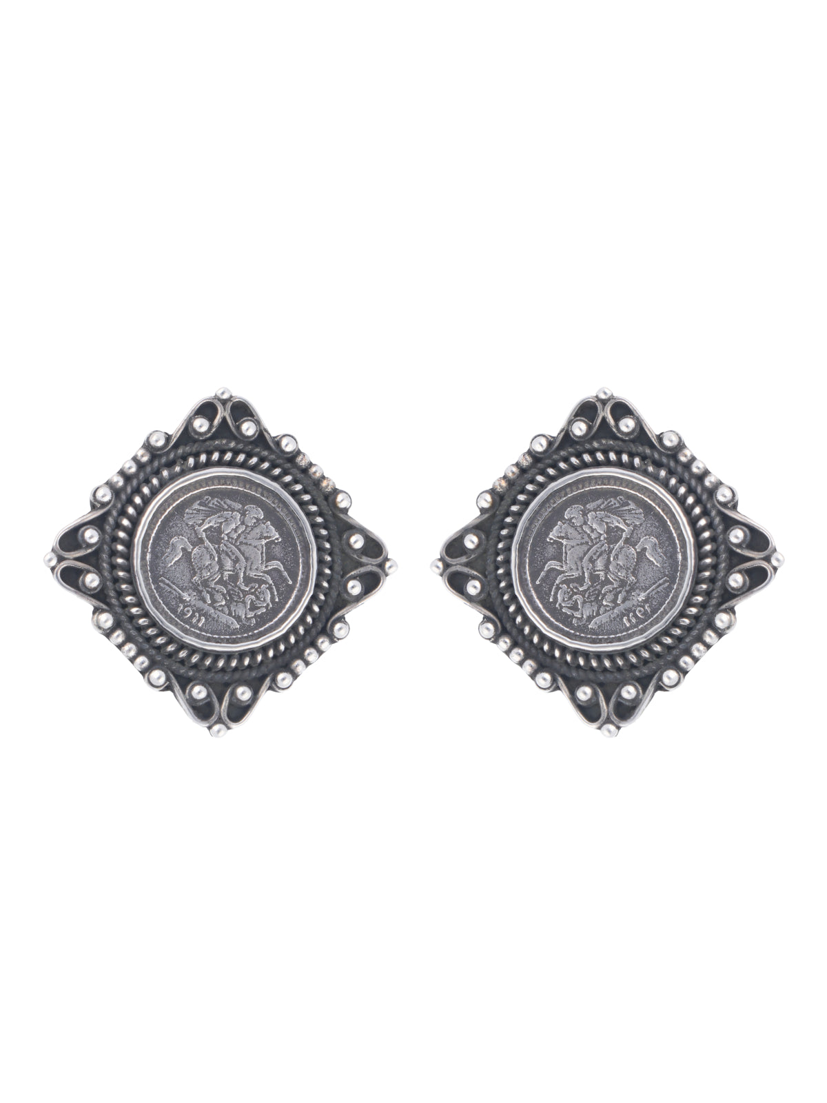 Vintage Coin-Inspired Square Stud Earrings with Ornate Borders