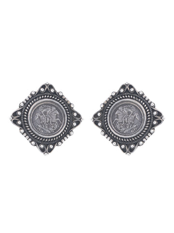 Vintage Coin-Inspired Square Stud Earrings with Ornate Borders