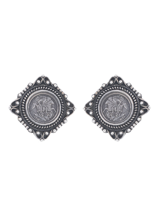 Vintage Coin-Inspired Square Stud Earrings with Ornate Borders