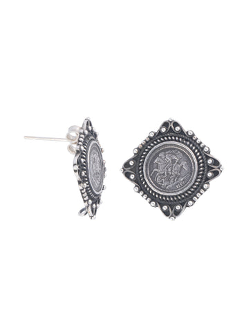 Vintage Coin-Inspired Square Stud Earrings with Ornate Borders