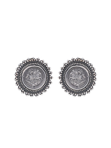 Vintage-Inspired 925 Sterling Silver Stud Earrings with St. George and Dragon Coin Design