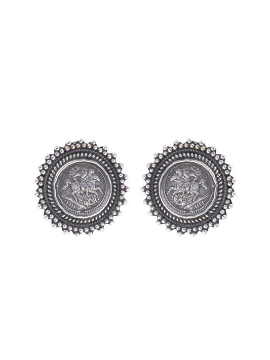 Vintage-Inspired 925 Sterling Silver Stud Earrings with St. George and Dragon Coin Design