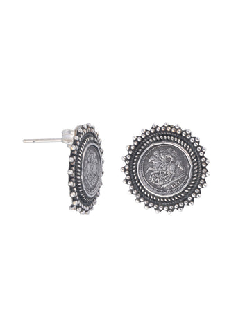 Vintage-Inspired 925 Sterling Silver Stud Earrings with St. George and Dragon Coin Design