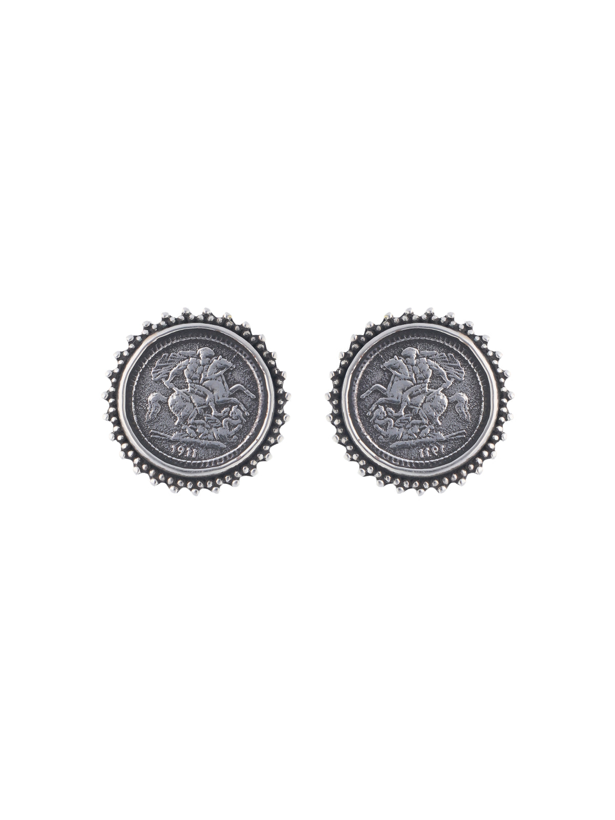 Antique Silver Coin Stud Earrings with Beaded Edge Design