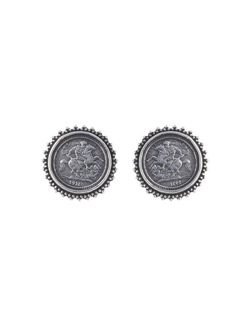 Antique Silver Coin Stud Earrings with Beaded Edge Design