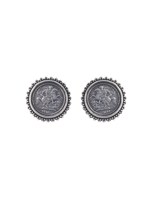 Antique Silver Coin Stud Earrings with Beaded Edge Design