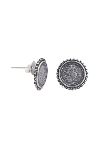 Antique Silver Coin Stud Earrings with Beaded Edge Design