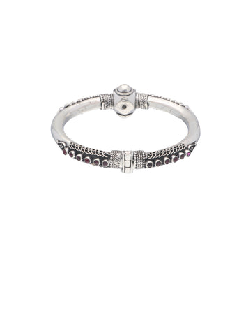 Regal 925 Sterling Silver Bangle with Intricate Detailing and Garnet Accents