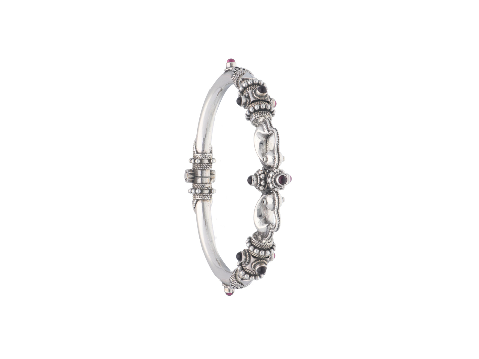 Traditional 925 Sterling Silver Bangle with Garnet Gemstone Accents