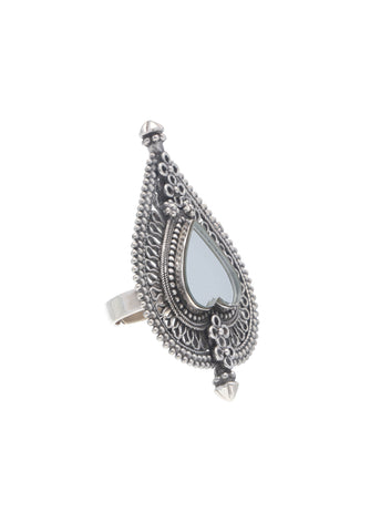 Heart-Shaped Mirror Ring with Intricate Filigree in Sterling Silver