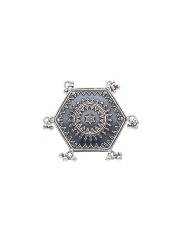 Intricate Hexagonal Silver Ring with Ornate Filigree Design