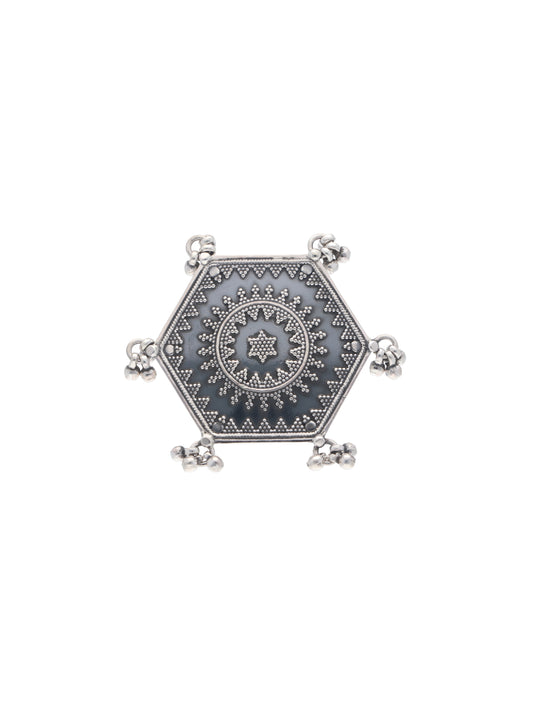 Intricate Hexagonal Silver Ring with Ornate Filigree Design