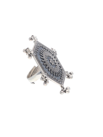 Intricate Hexagonal Silver Ring with Ornate Filigree Design