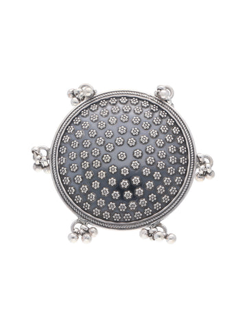 Exquisite Round Silver Ring with Floral Embellishments and Dangle Bells