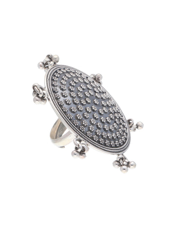 Exquisite Round Silver Ring with Floral Embellishments and Dangle Bells