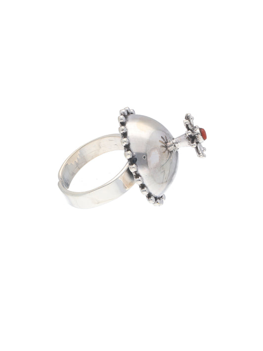 Radiant Sunburst Dome Silver Ring with Carnelian Accent