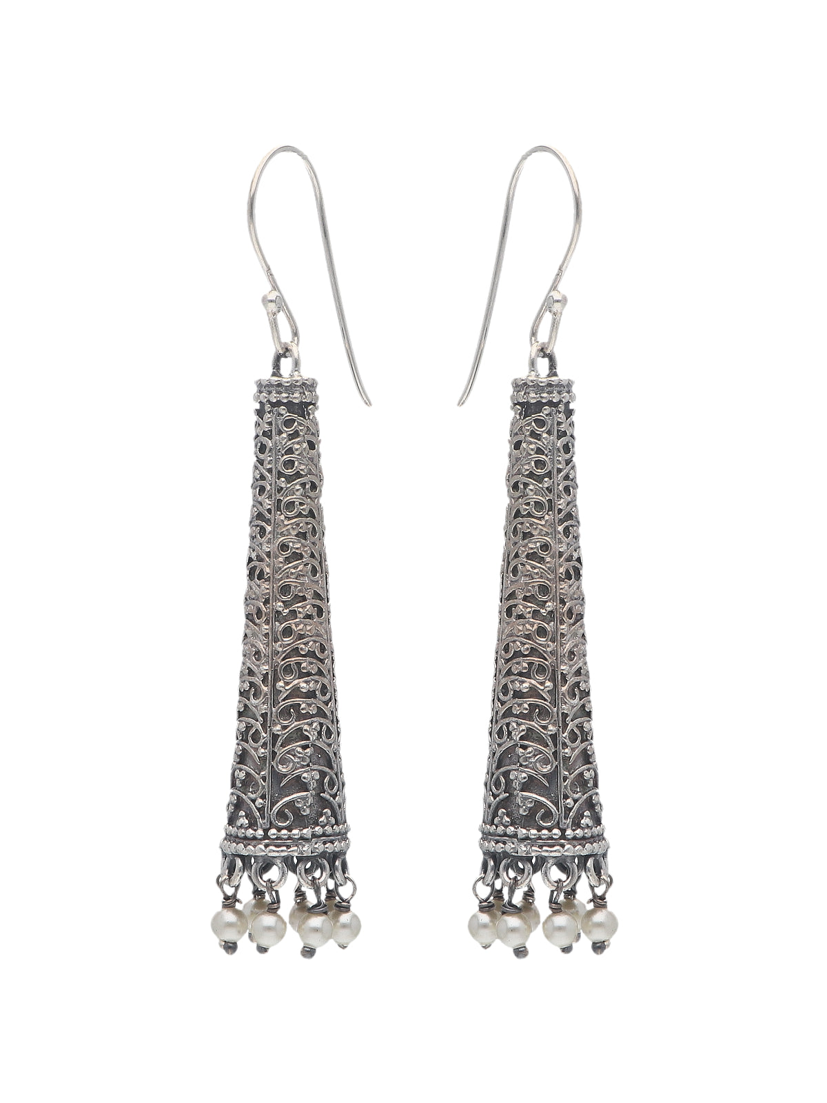 Elongated Filigree Silver Cone Earrings with Pearl Accents