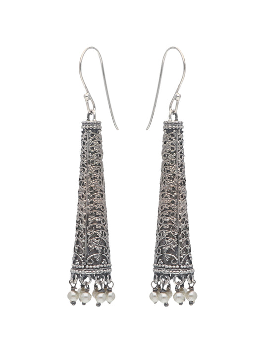 Elongated Filigree Silver Cone Earrings with Pearl Accents