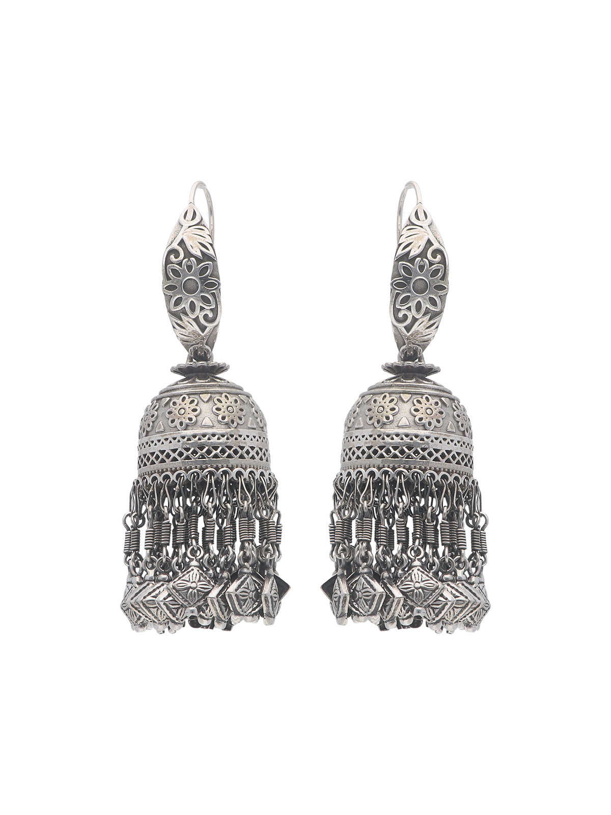 Ornate Silver Filigree Jhumka Earrings with Floral Motifs and Charms