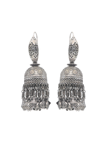 Ornate Silver Filigree Jhumka Earrings with Floral Motifs and Charms