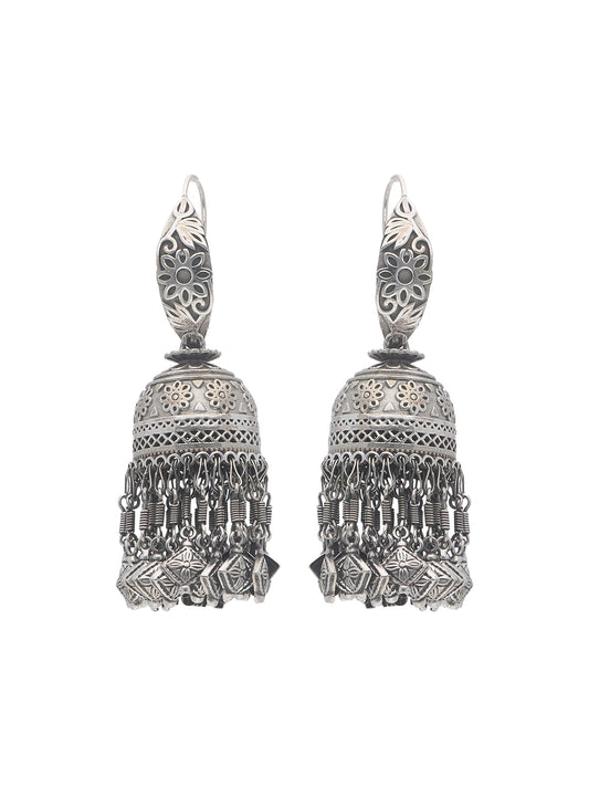 Ornate Silver Filigree Jhumka Earrings with Floral Motifs and Charms