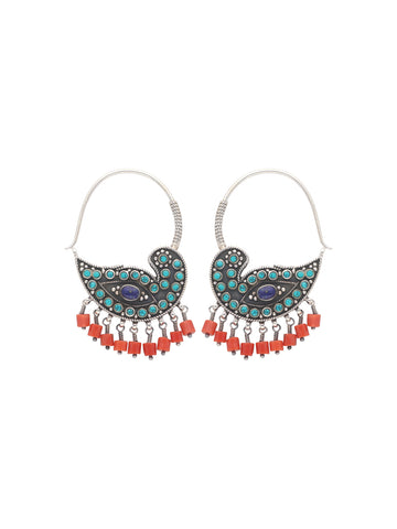 Peacock Inspired Turquoise and Coral Dangle Earrings with Lapis Accents