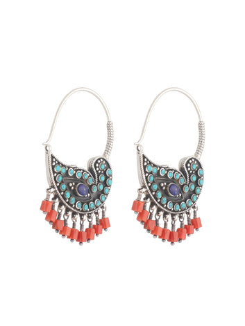 Peacock Inspired Turquoise and Coral Dangle Earrings with Lapis Accents