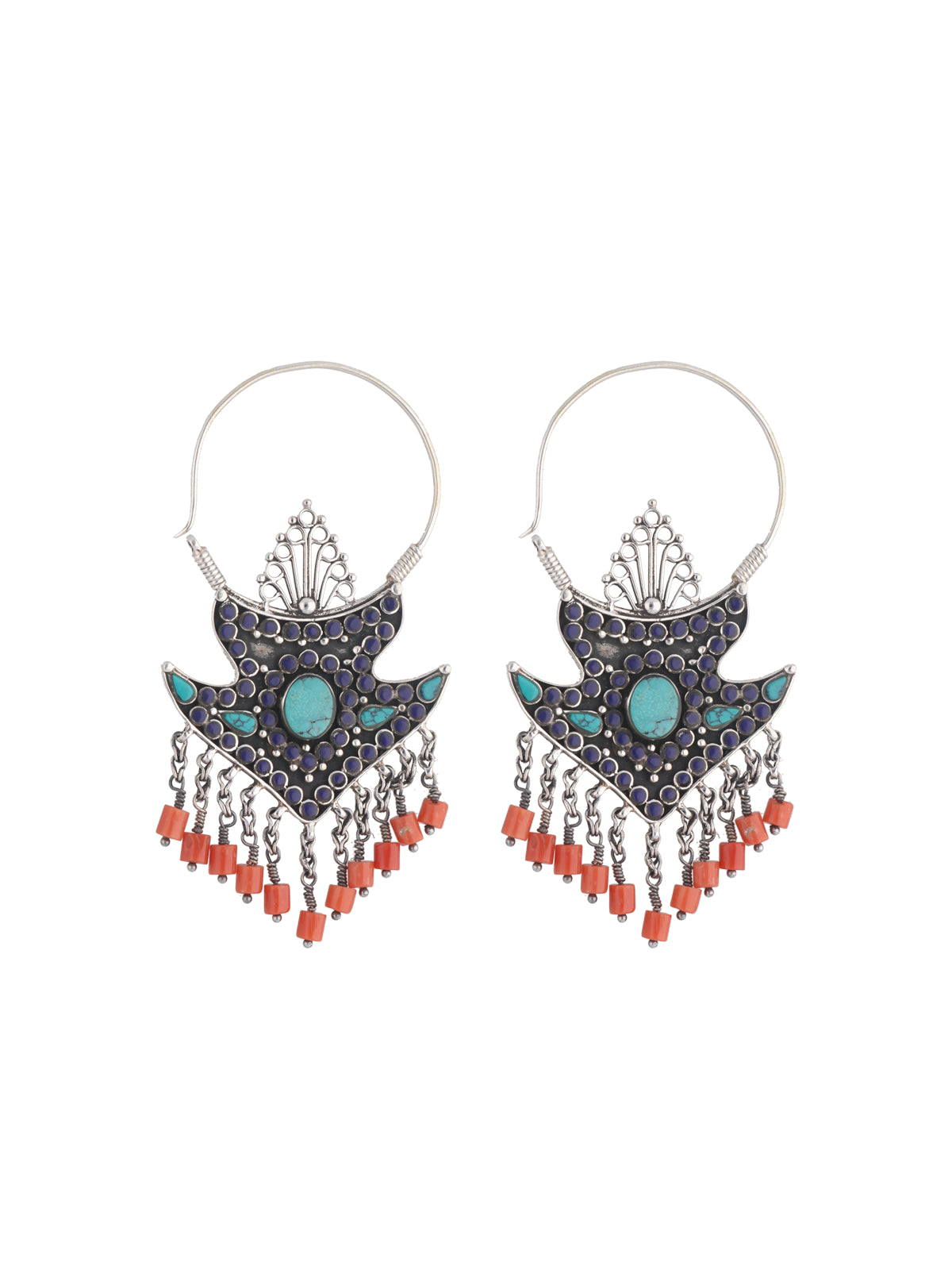 Geometric Lapis and Turquoise Earrings with Coral Bead Dangles