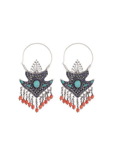 Geometric Lapis and Turquoise Earrings with Coral Bead Dangles