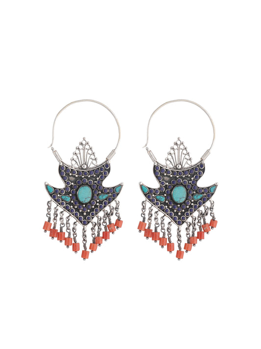 Geometric Lapis and Turquoise Earrings with Coral Bead Dangles