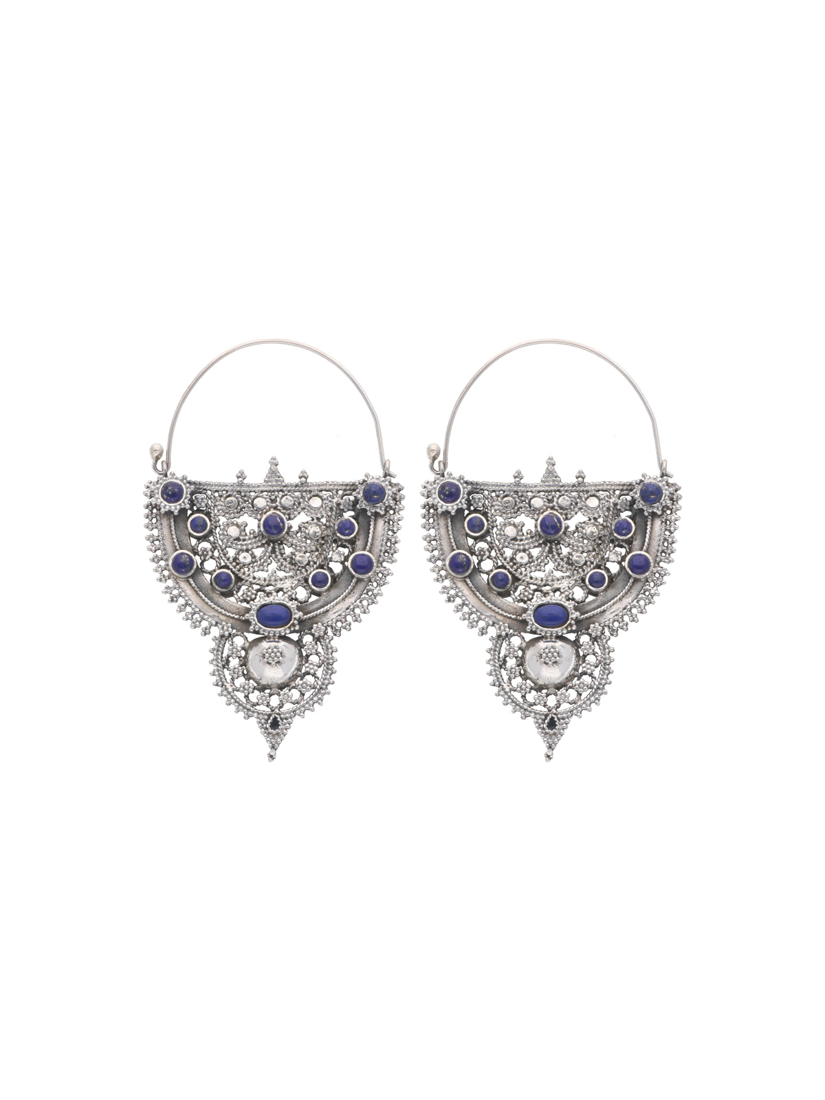 Ornate Silver Filigree Earrings with Lapis Stone Accents