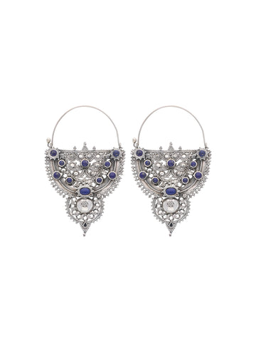 Ornate Silver Filigree Earrings with Lapis Stone Accents