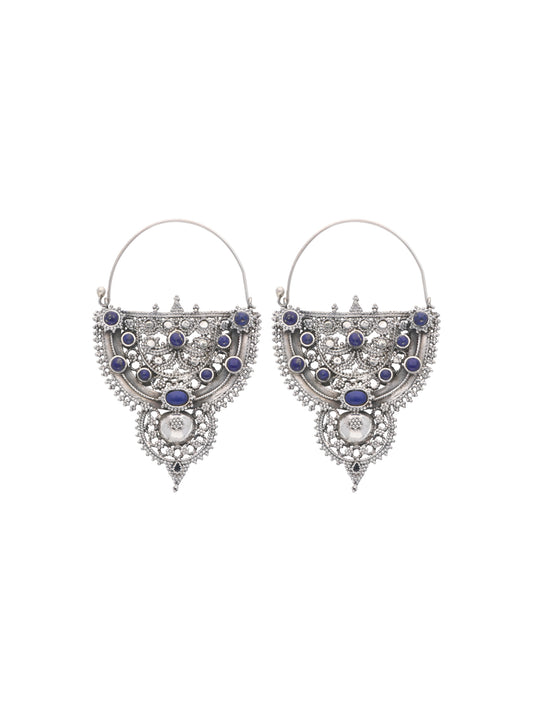 Ornate Silver Filigree Earrings with Lapis Stone Accents