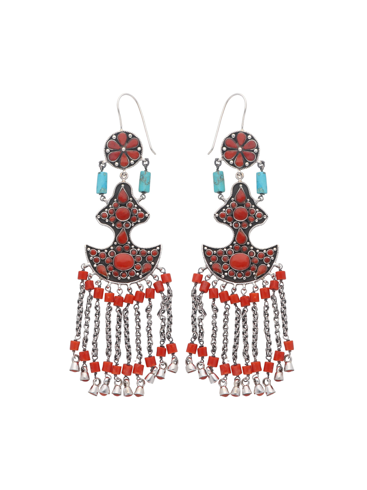 Coral and Turquoise Statement Earrings with Silver Chain Accents