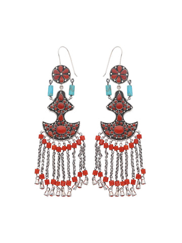 Coral and Turquoise Statement Earrings with Silver Chain Accents