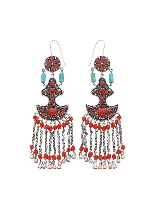 Coral and Turquoise Statement Earrings with Silver Chain Accents
