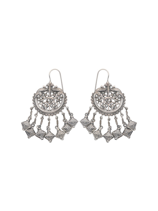Intricate Silver Filigree Earrings with Embossed Square Charms