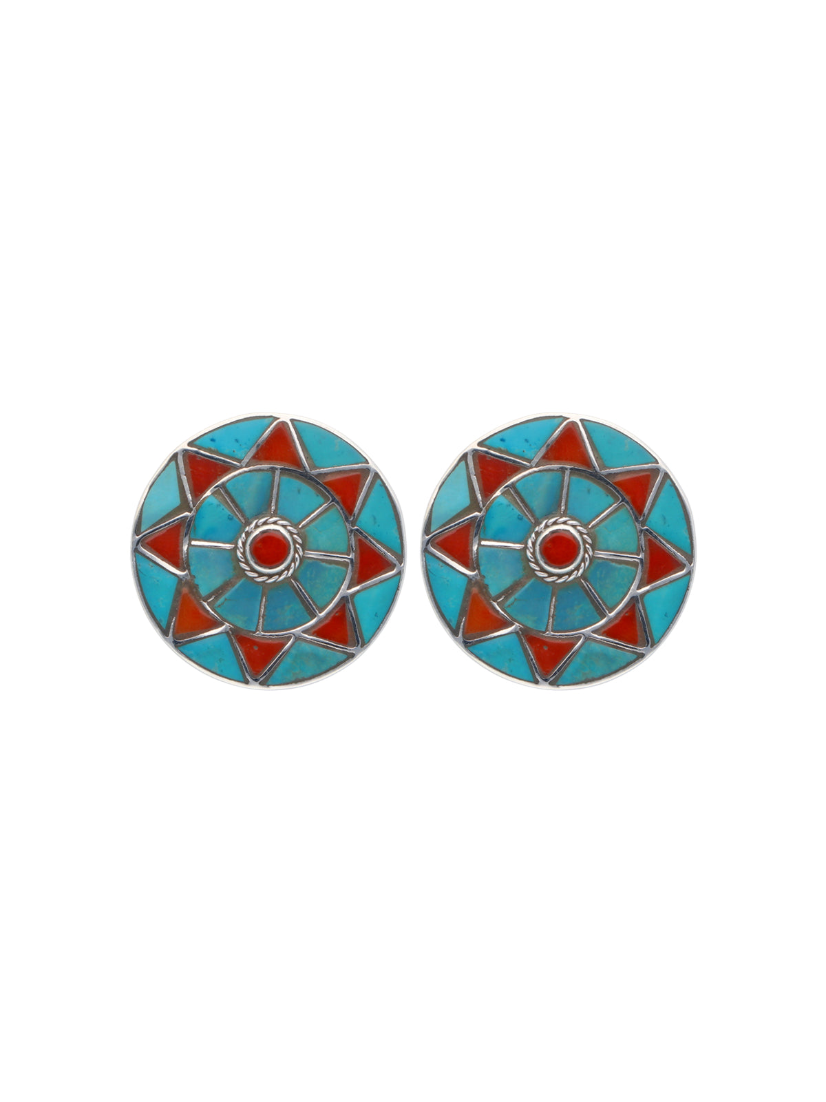 Turquoise and Coral Mosaic Round Earrings with Central Red Stone